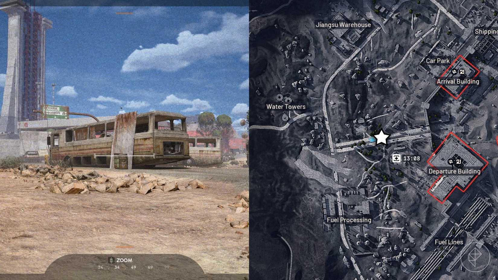 The left-hand side of the image shows the in-game camera aiming at the object required for the "When Everything Falls" mission in Arc Raiders while the right-hand side shows the location marked on the in-game map with a star.