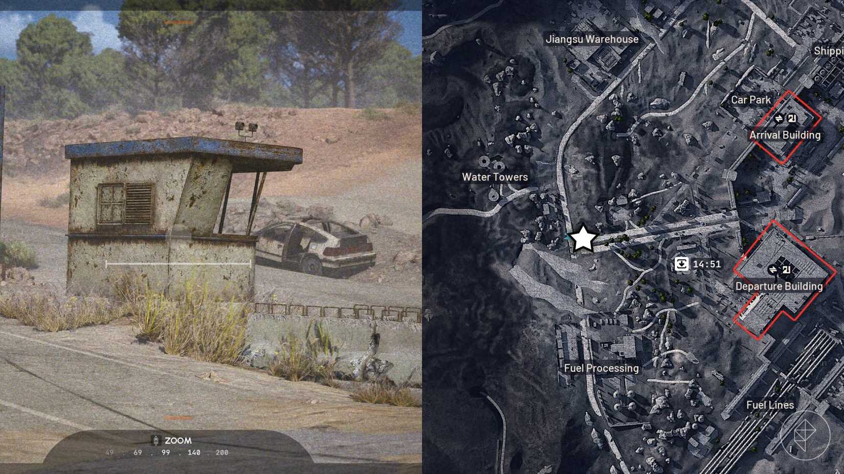 The left-hand side of the image shows the in-game camera aiming at the object required for the "When Everything Falls" mission in Arc Raiders while the right-hand side shows the location marked on the in-game map with a star.