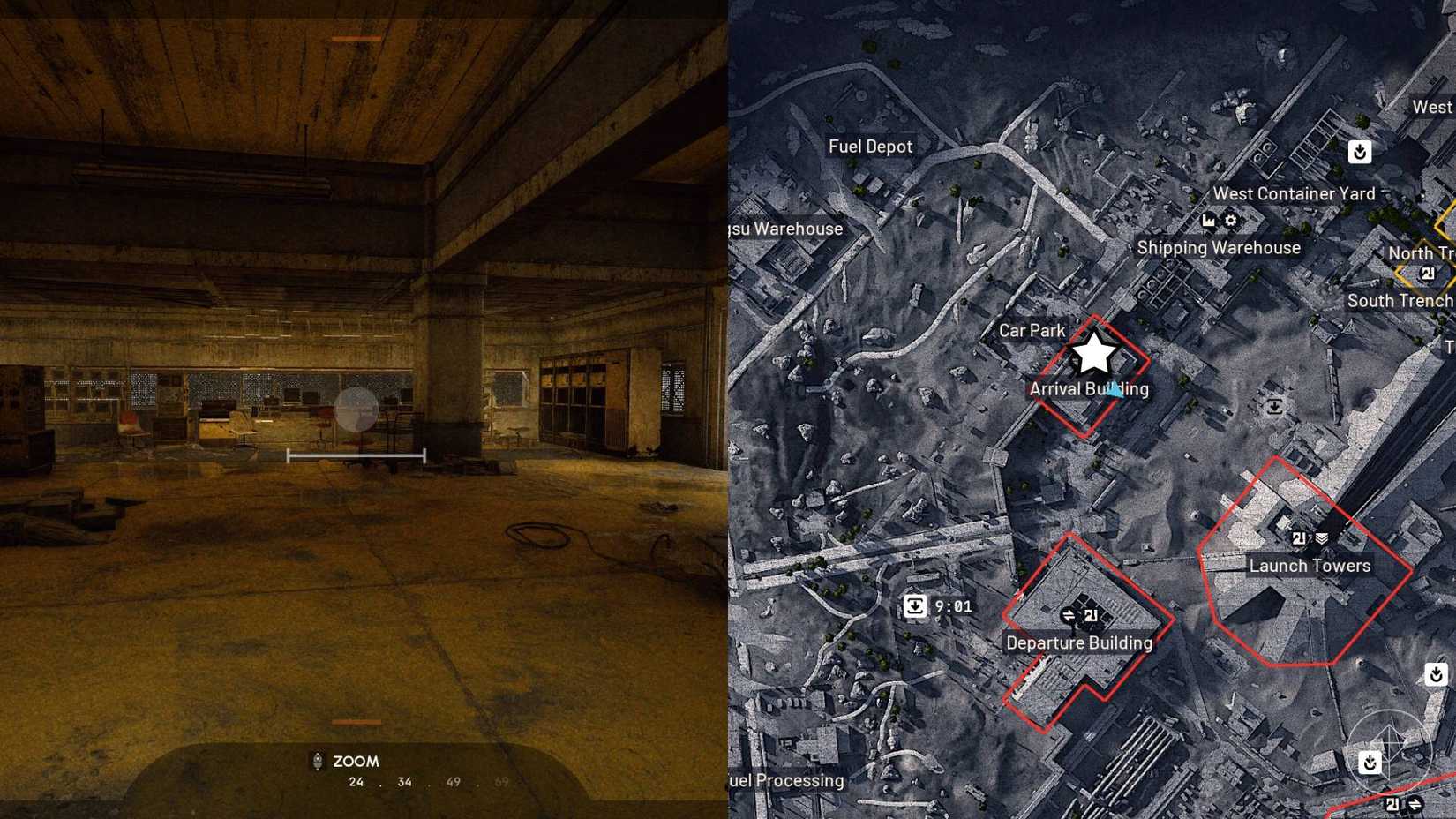 The left-hand side of the image shows the in-game camera aiming at the object required for the "When Everything Falls" mission in Arc Raiders while the right-hand side shows the location marked on the in-game map with a star.