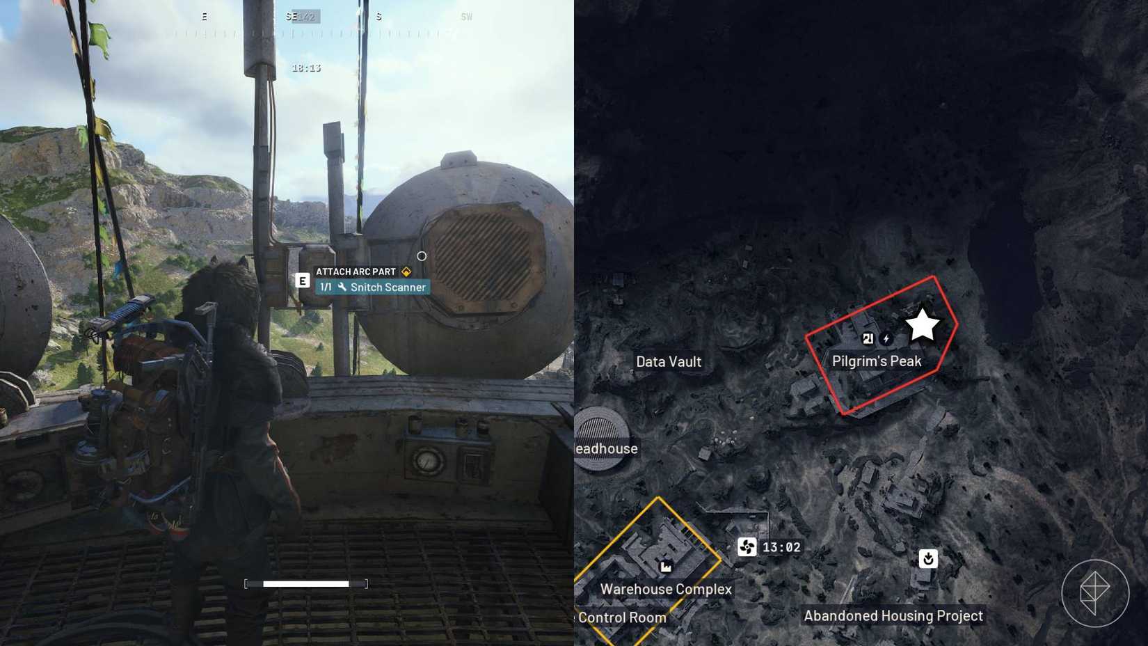 The left-hand side of the image shows the player standing in front of the objective for the "Wires Crossed" quest in Arc Raiders while the right-hand side shows the location marked on the in-game map with a star.