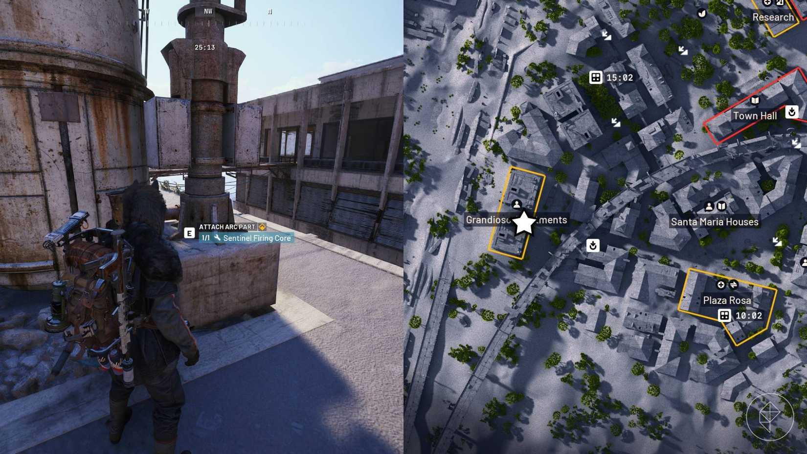 The left-hand side of the image shows the player standing in front of the objective for the "Wires Crossed" quest in Arc Raiders while the right-hand side shows the location marked on the in-game map with a star.