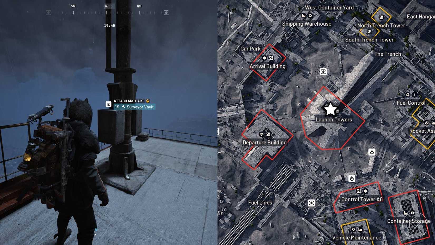 The left-hand side of the image shows the player standing in front of the objective for the "Wires Crossed" quest in Arc Raiders while the right-hand side shows the location marked on the in-game map with a star.