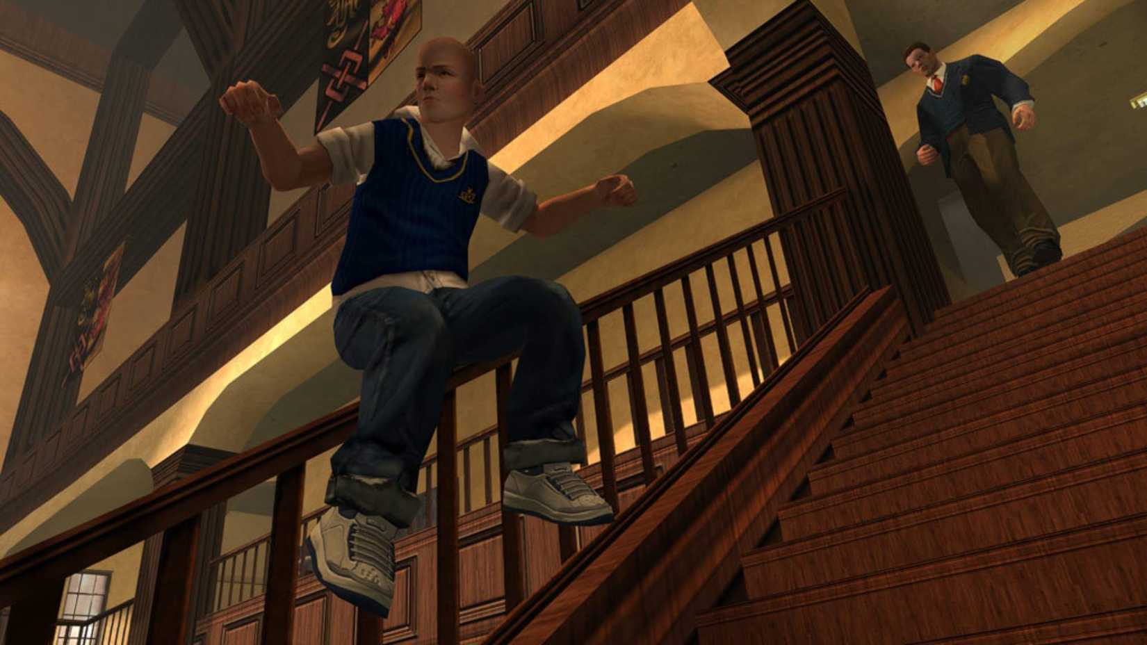 Jimmy Hopkins sliding down a staircase bannister in Bully.