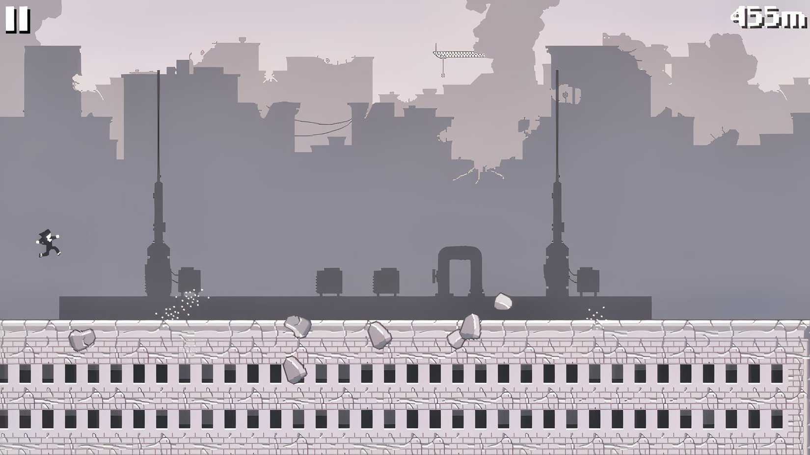 A Canabalt screenshot shows a tiny hero jumping along the roof of an enormous building as blocks of rubble fall.