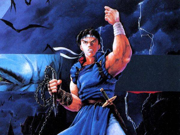 Castlevania: Rondo of Blood cover art showing Richter Belmont in blue, one fist raised and a whip in his other hand.