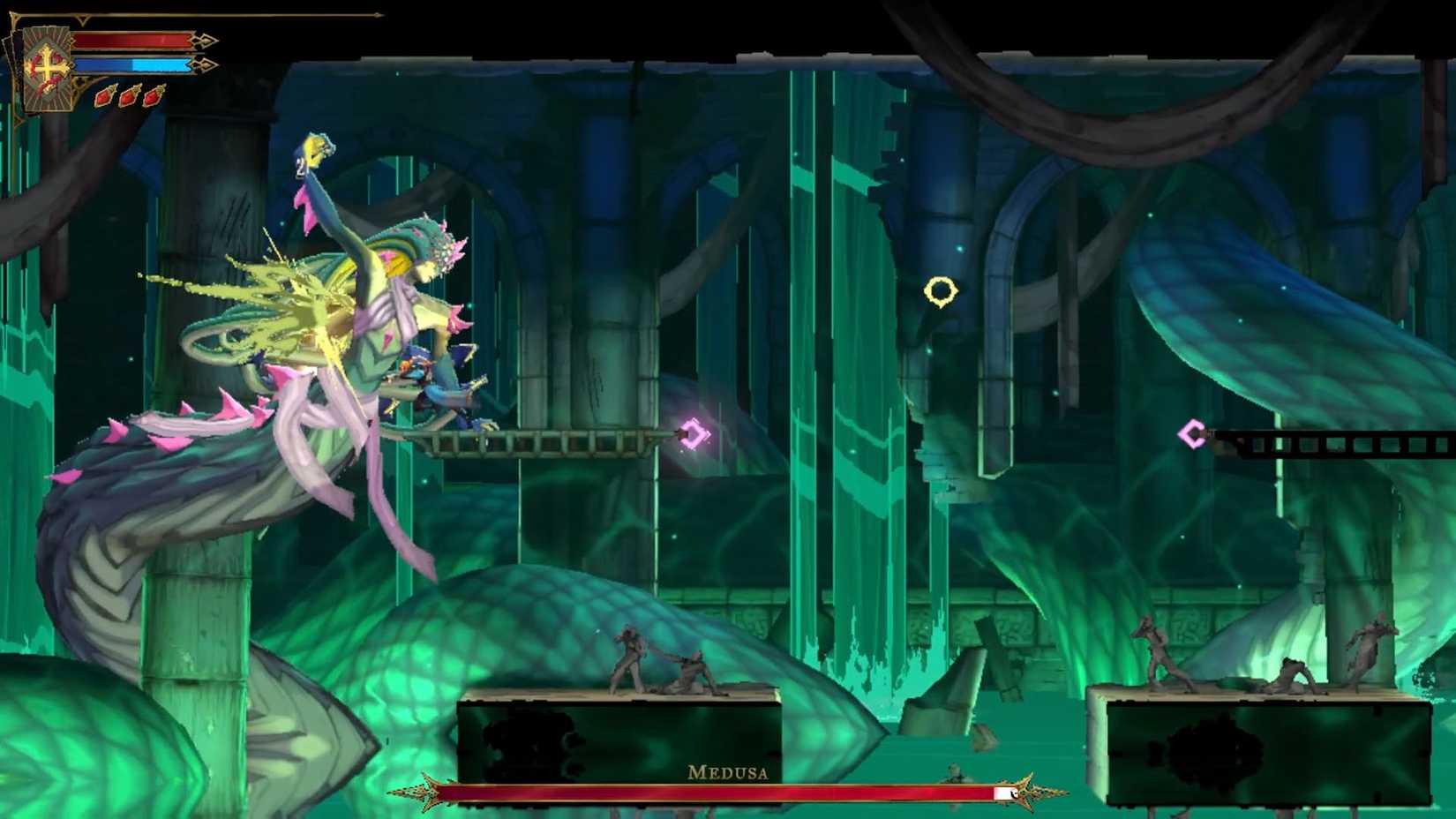 A Castlevania: Belmont's Curse screenshot showing Medusa about to slam the platform in front of her