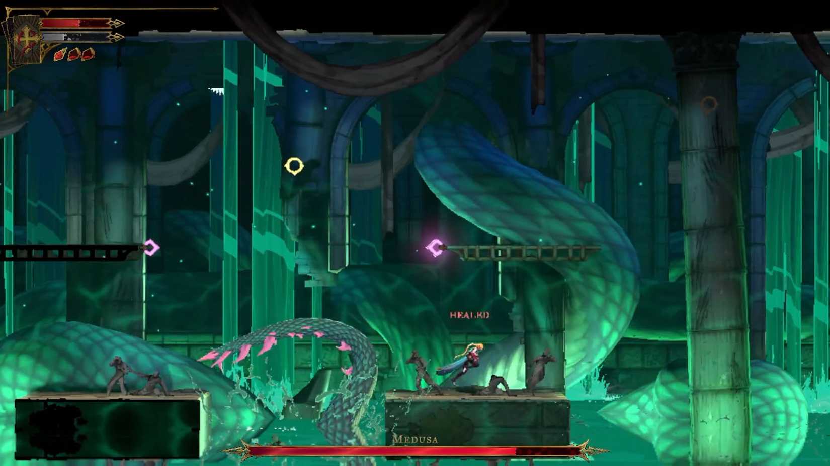 A Castlevania: Belmont's Curse screenshot showing Medusa's tail attack