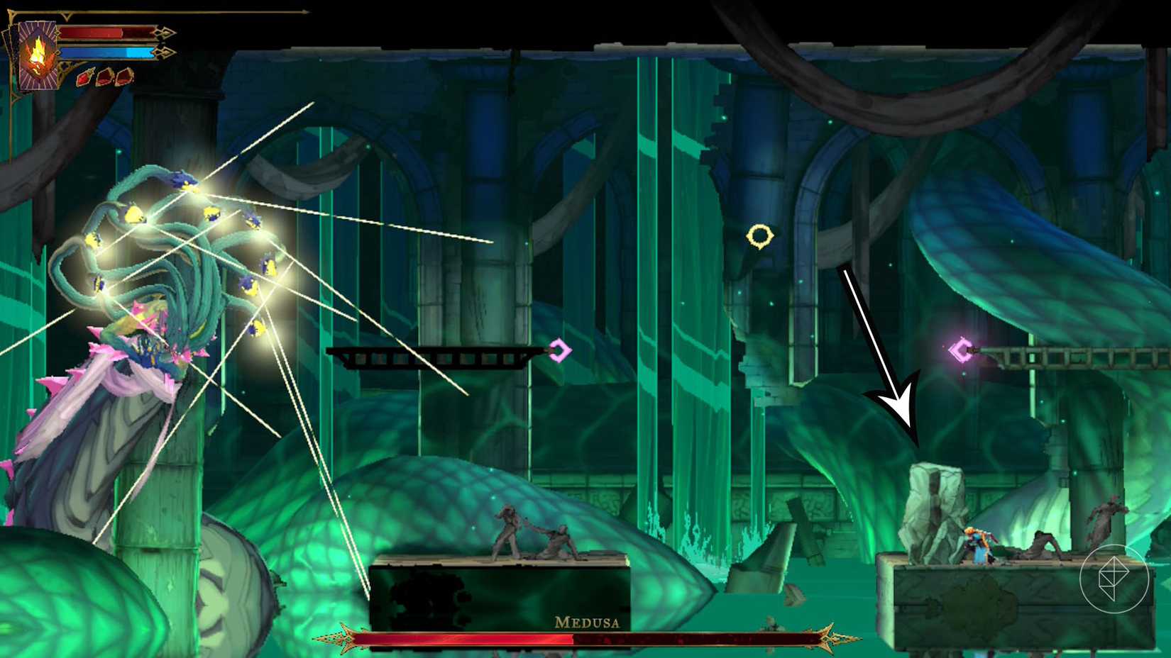 A Castlevania: Belmont's Curse screenshot showing the rock you must hide behind to avoid Medusa ultimate attack