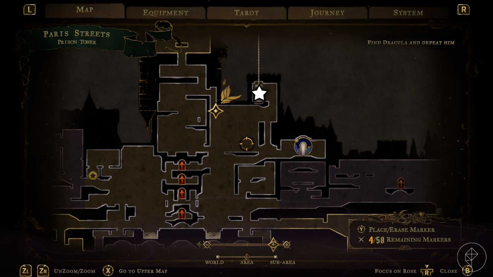 A Castlevania: Belmont's Curse screenshot showing the map and where you can find the carpenter's crane