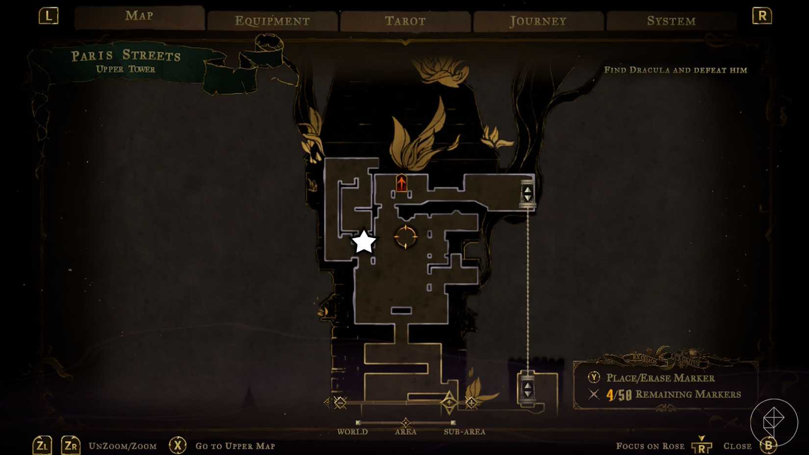 A Castlevania: Belmont's Curse screenshot showing the map of Paris Streets and where you find the spirit who tells you about the carpenter's crane