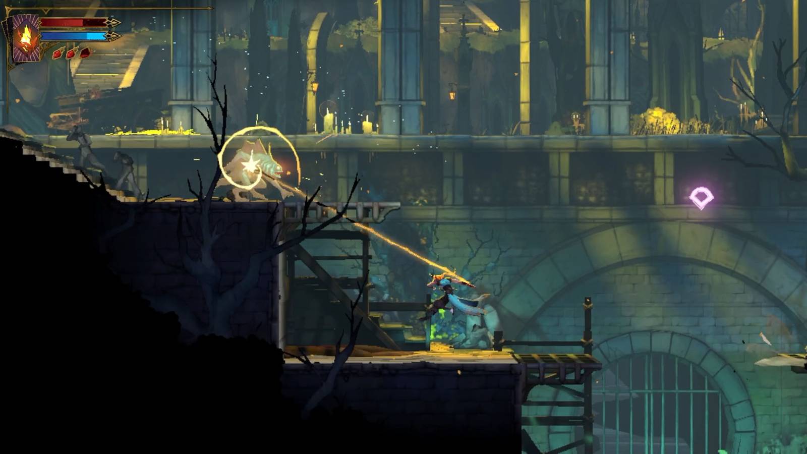 A Castlevania: Belmont's Curse image showing Rose hitting an enemy with her whip