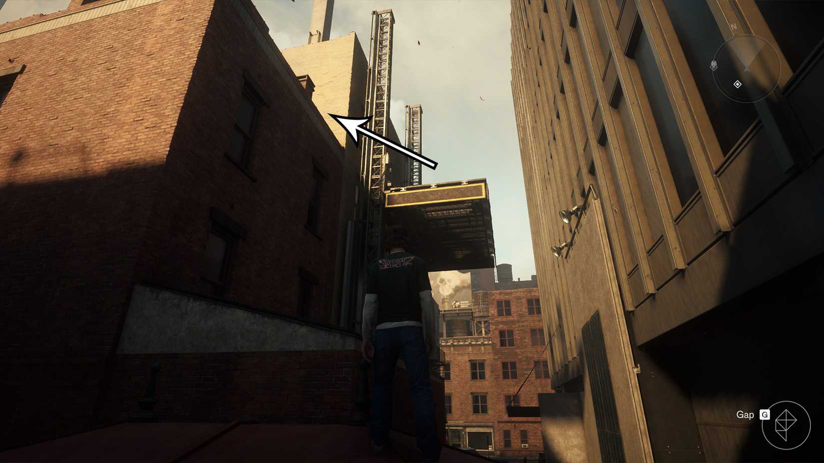 Dylan looking at a metal platform that gives him access to a rooftop in Control Resonant.