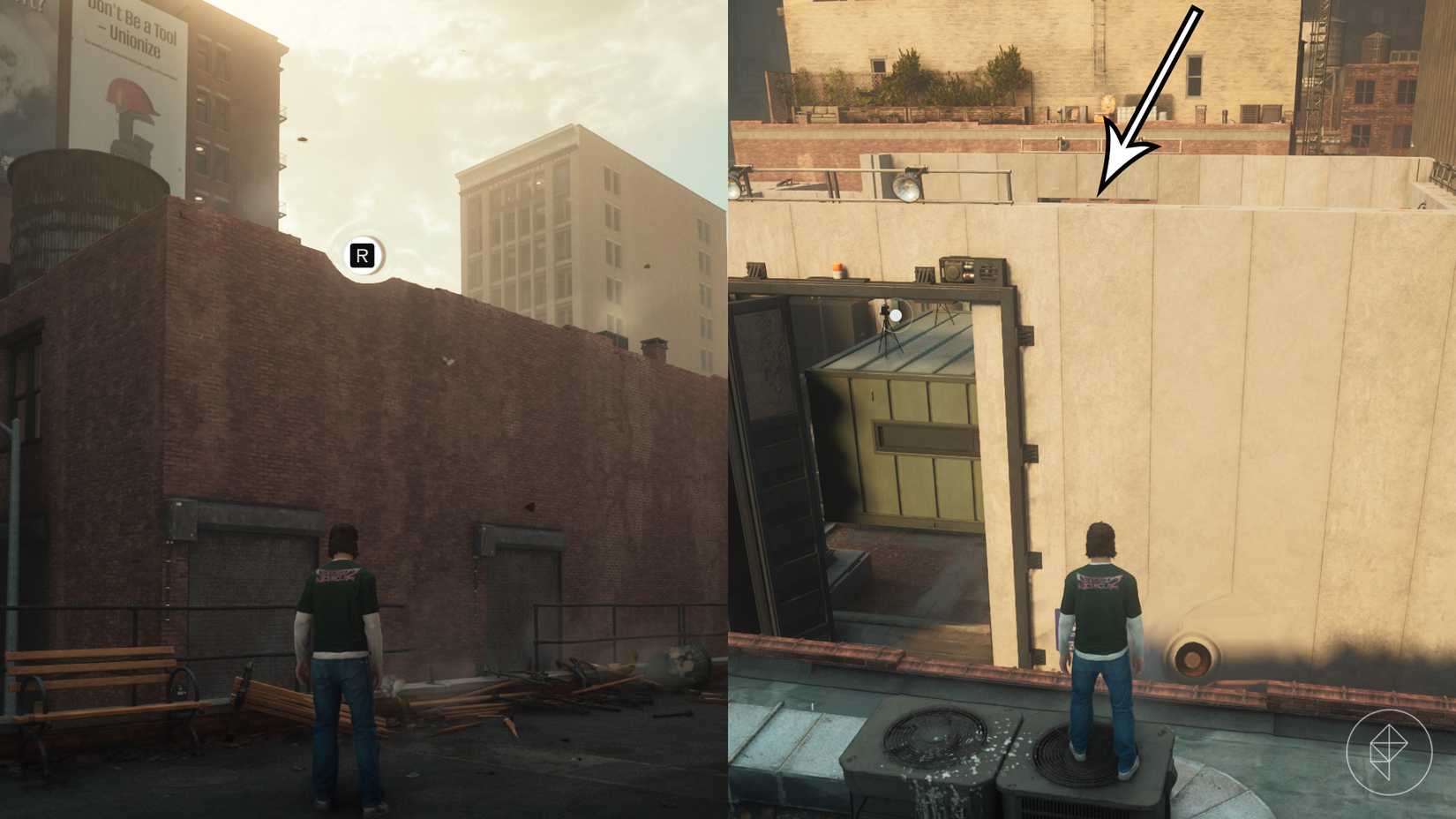 Dylan looking at a brick building and a concrete wall that has cameras behind it in Control Resonant.