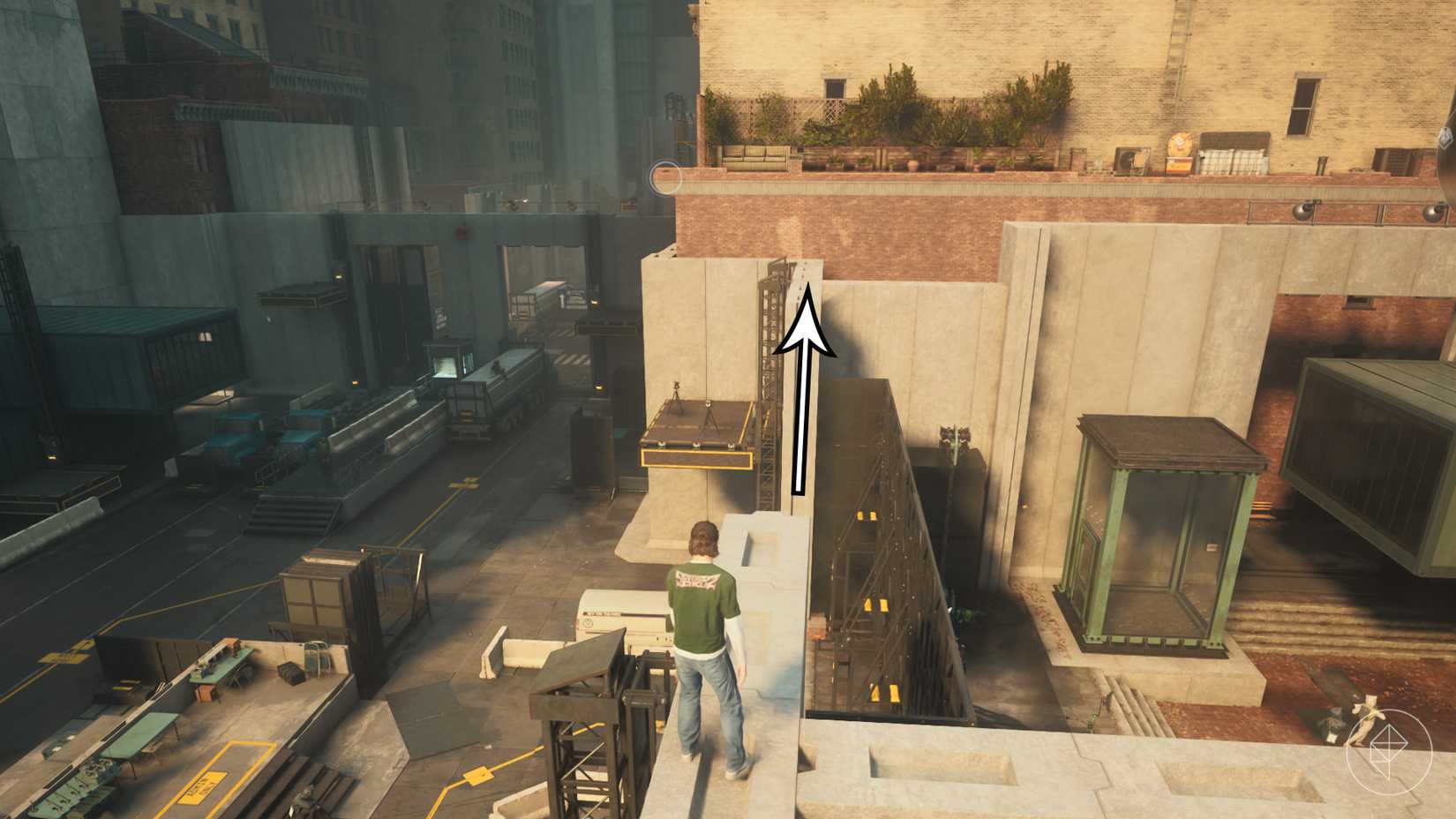 Dylan standing on a concrete wall looking at two cameras on a metal platform in front of him in Control Resonant.