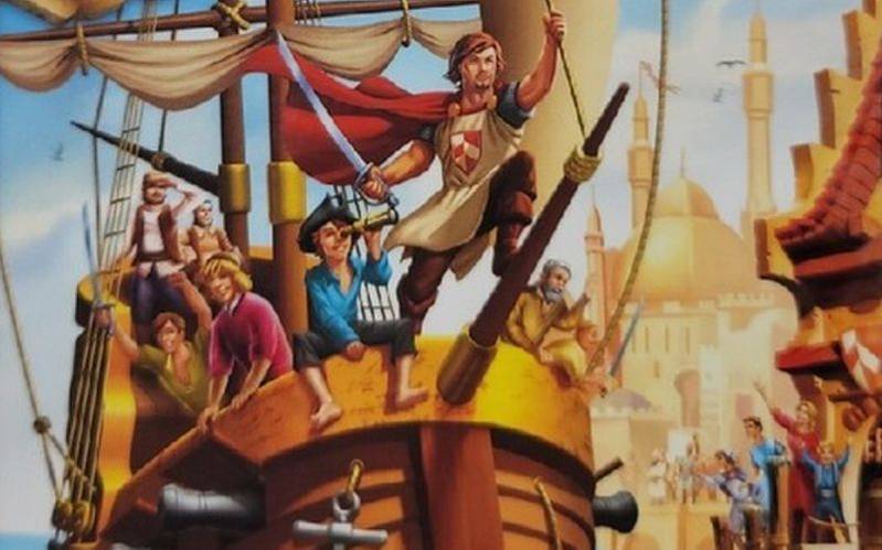 Dawn of Discovery cropped cover art shows a sailor on the bow of a boat, sailing into port