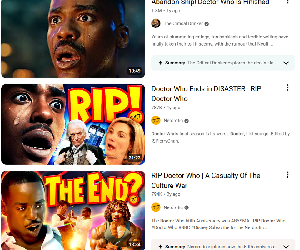 A screenshot of Doctor Who monetized hate content on YouTube