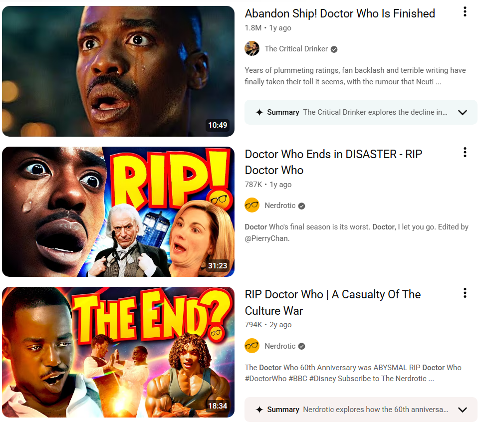 A screenshot of Doctor Who monetized hate content on YouTube