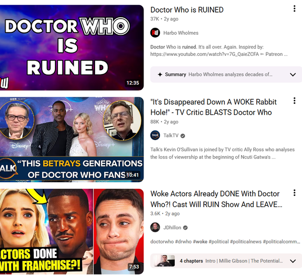 A screenshot of Doctor Who monetized hate content on YouTube