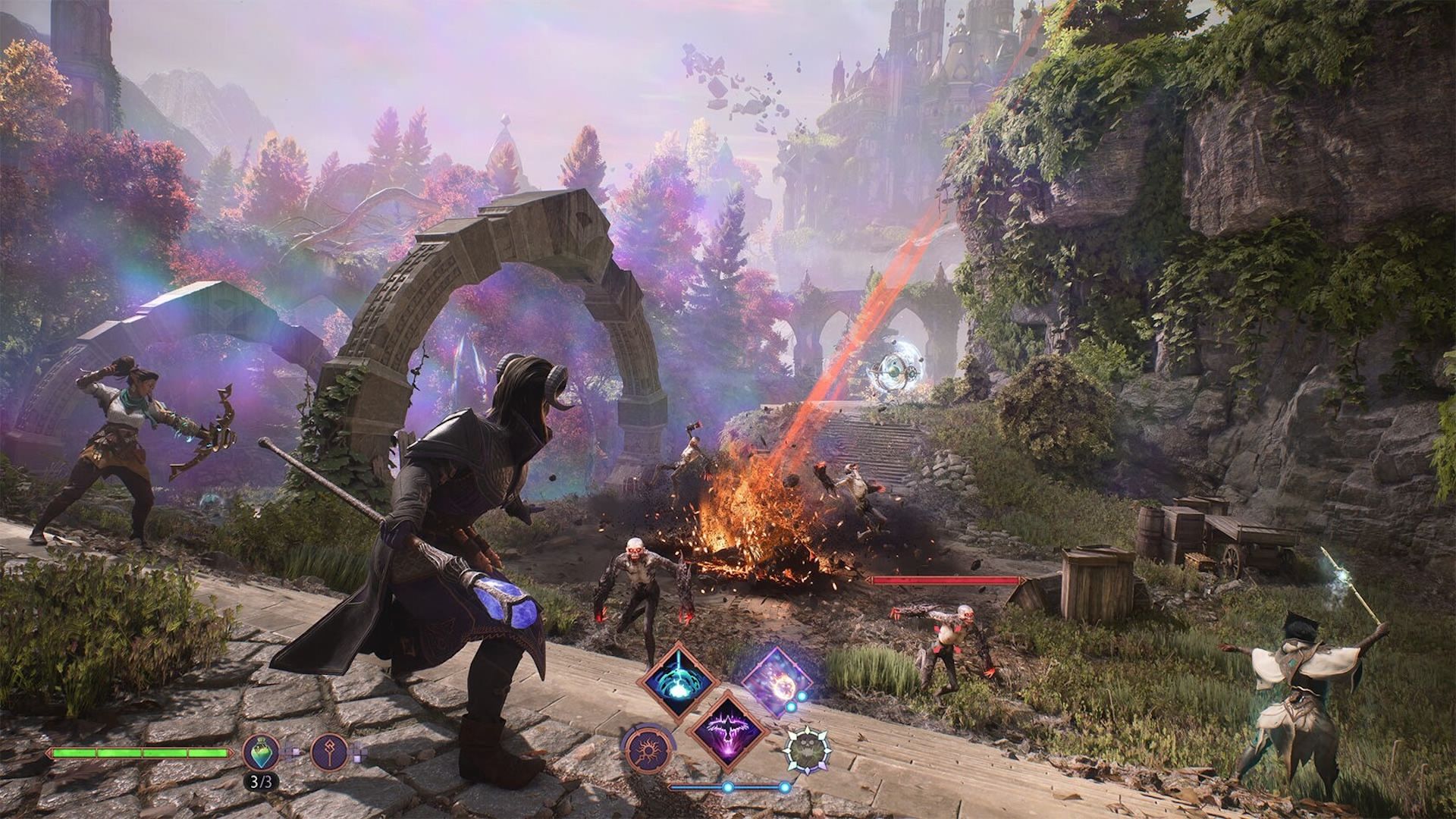 Characters from Dragon Age: The Veilguard cast spells in combat.