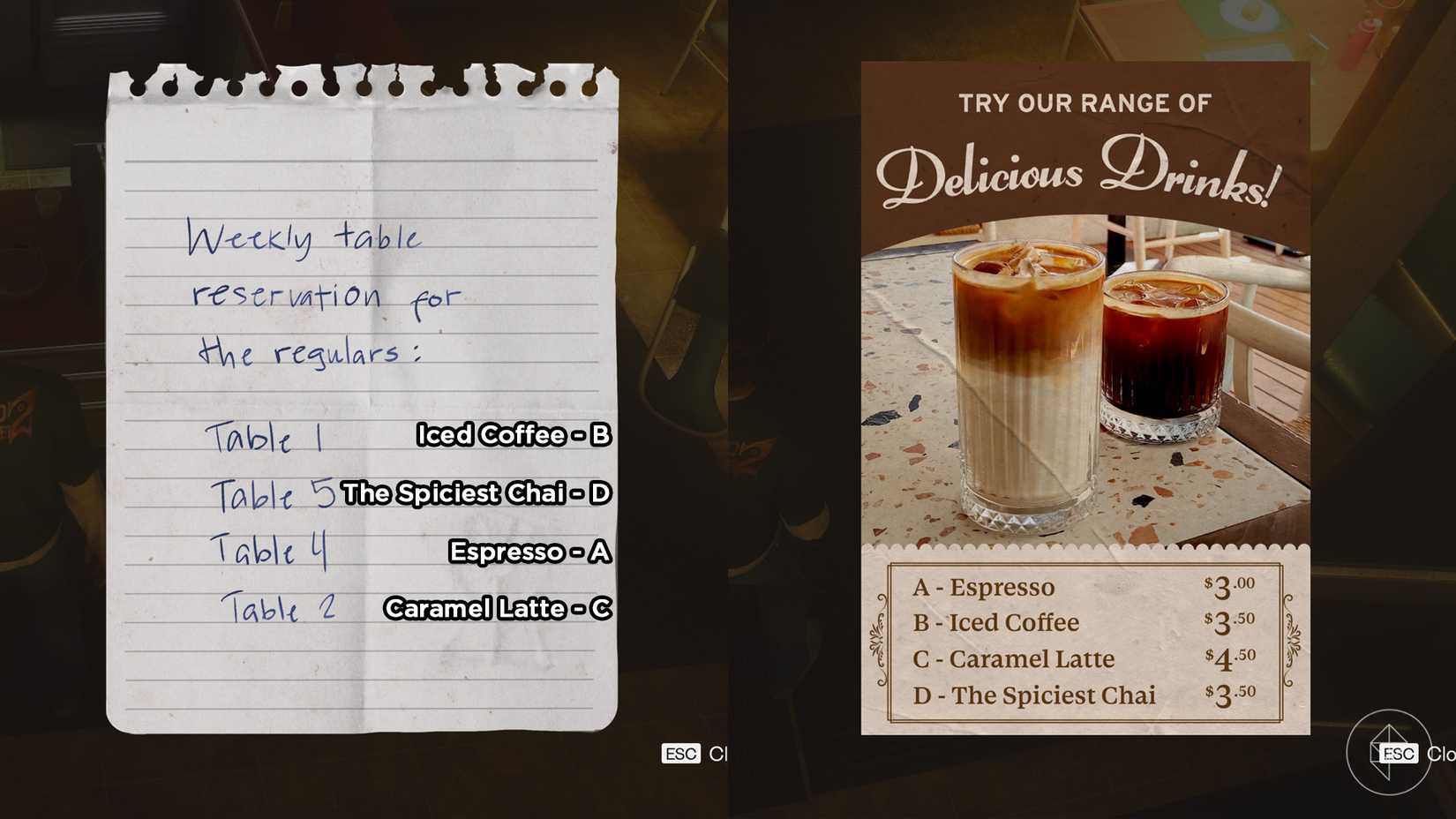 Menu drink orders and associated letters.