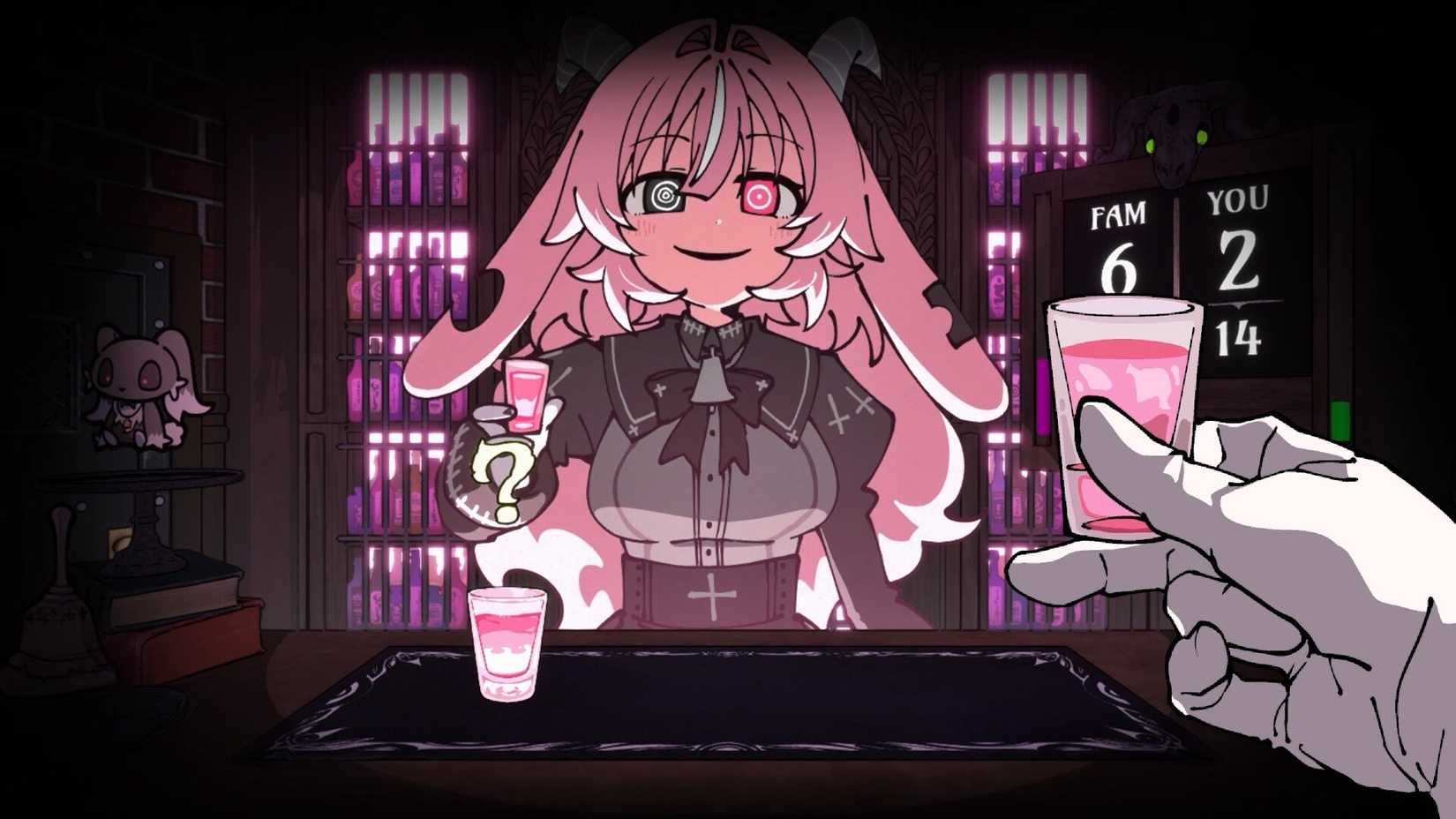 A character raises a shot glass in Drunken Goddess Reflux.