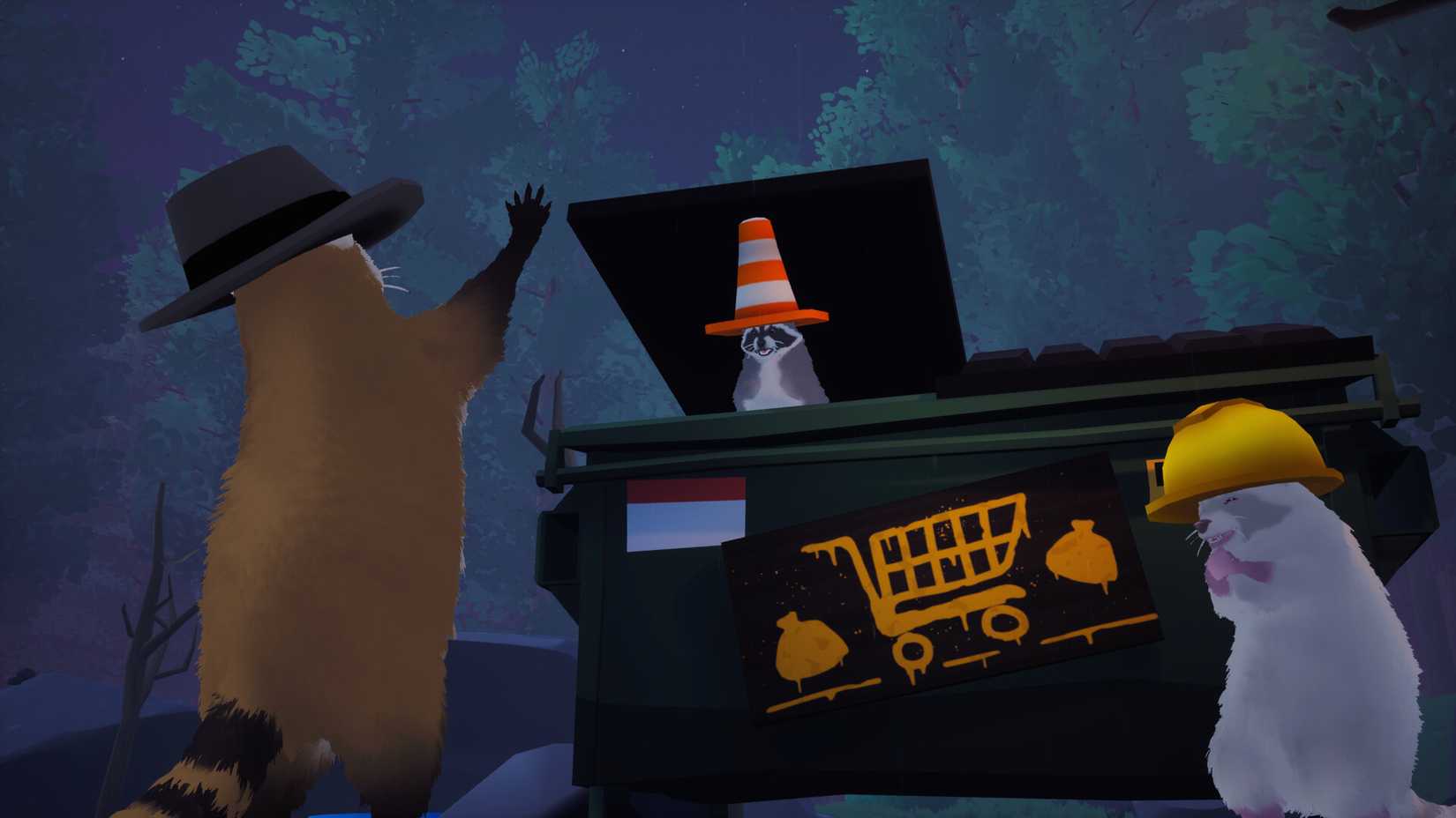 A trio of raccoons hang around a dumpster in Dumpster Gang.