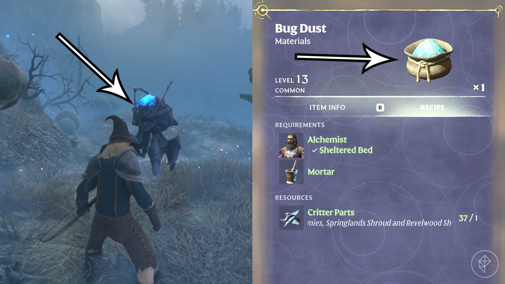 A player defeats a critter to craft bug dust, needed to make goo, in Enshrouded.