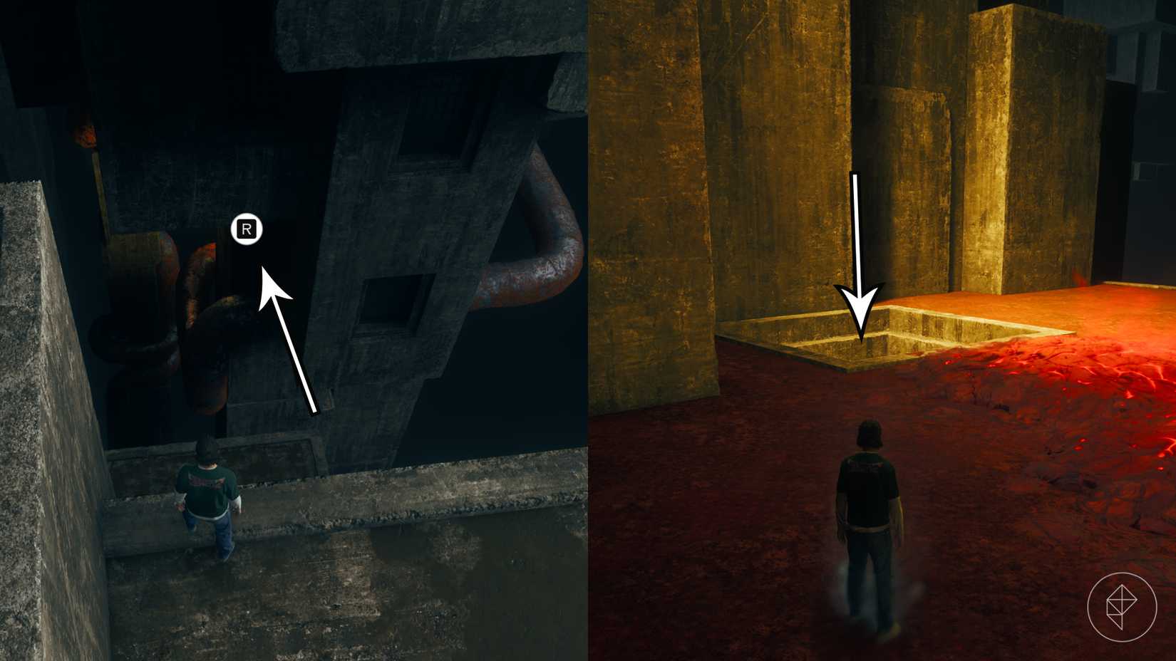 Dylan standing on a pillar looking toward another pillar with pipes and a hole in the ground in Control Resonant.