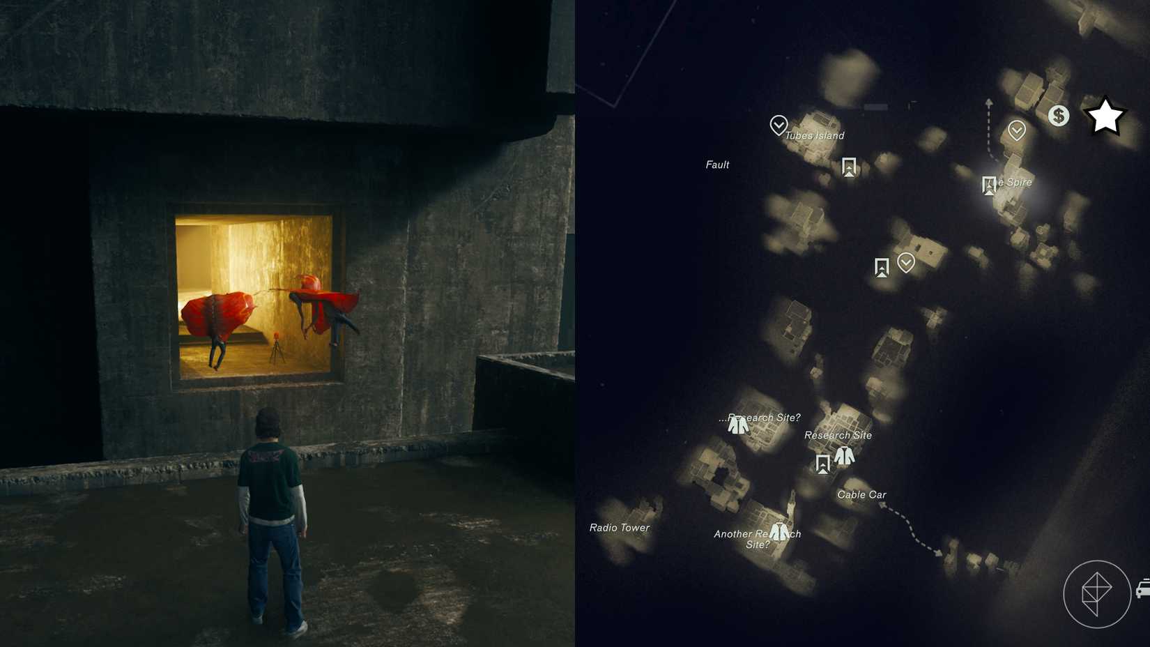 Dylan looking at couple enemies floating in front of a camera in a pillar in Control Resonant.