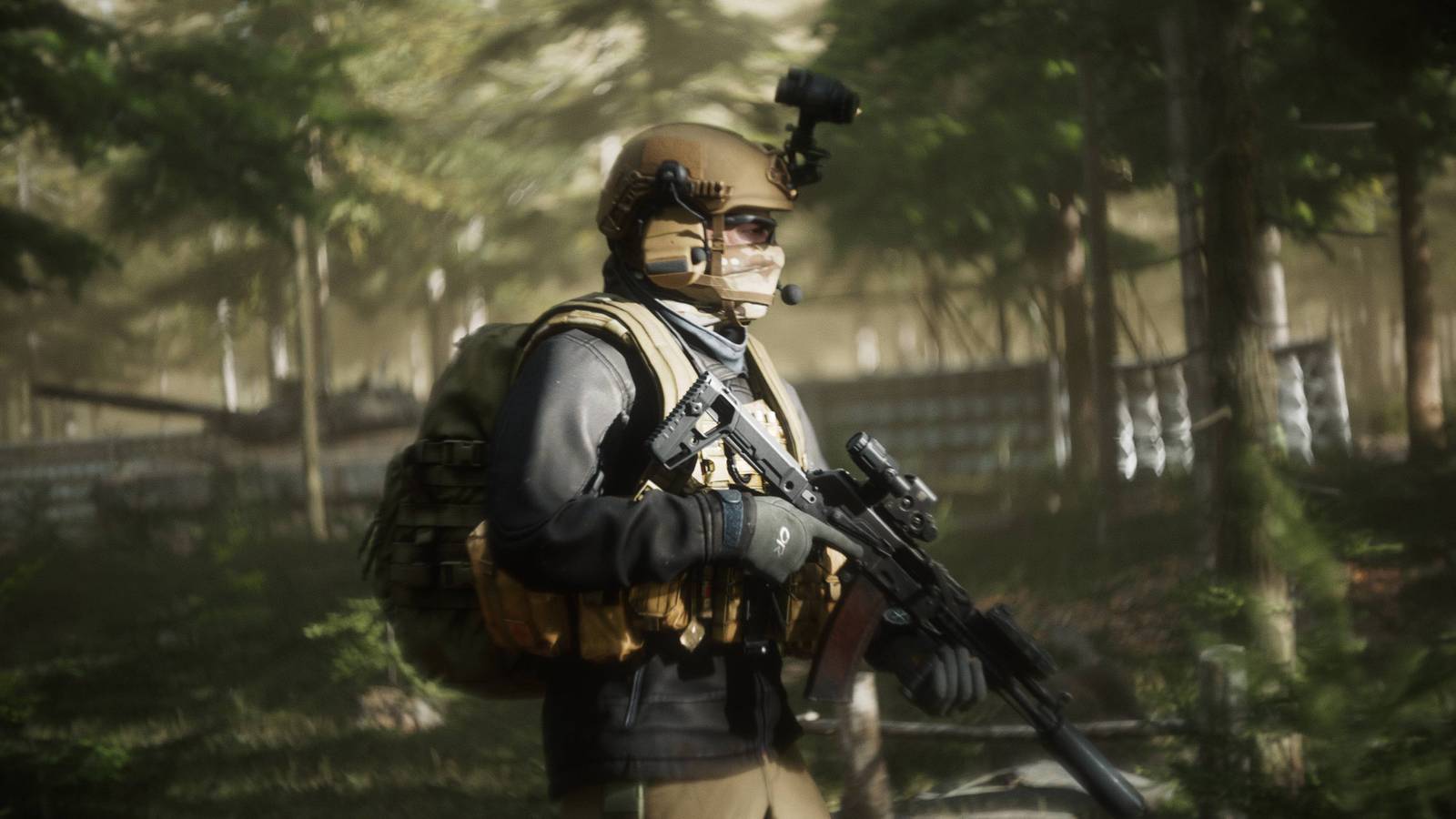 A soldier in Escape From Tarkov standing in a forest.