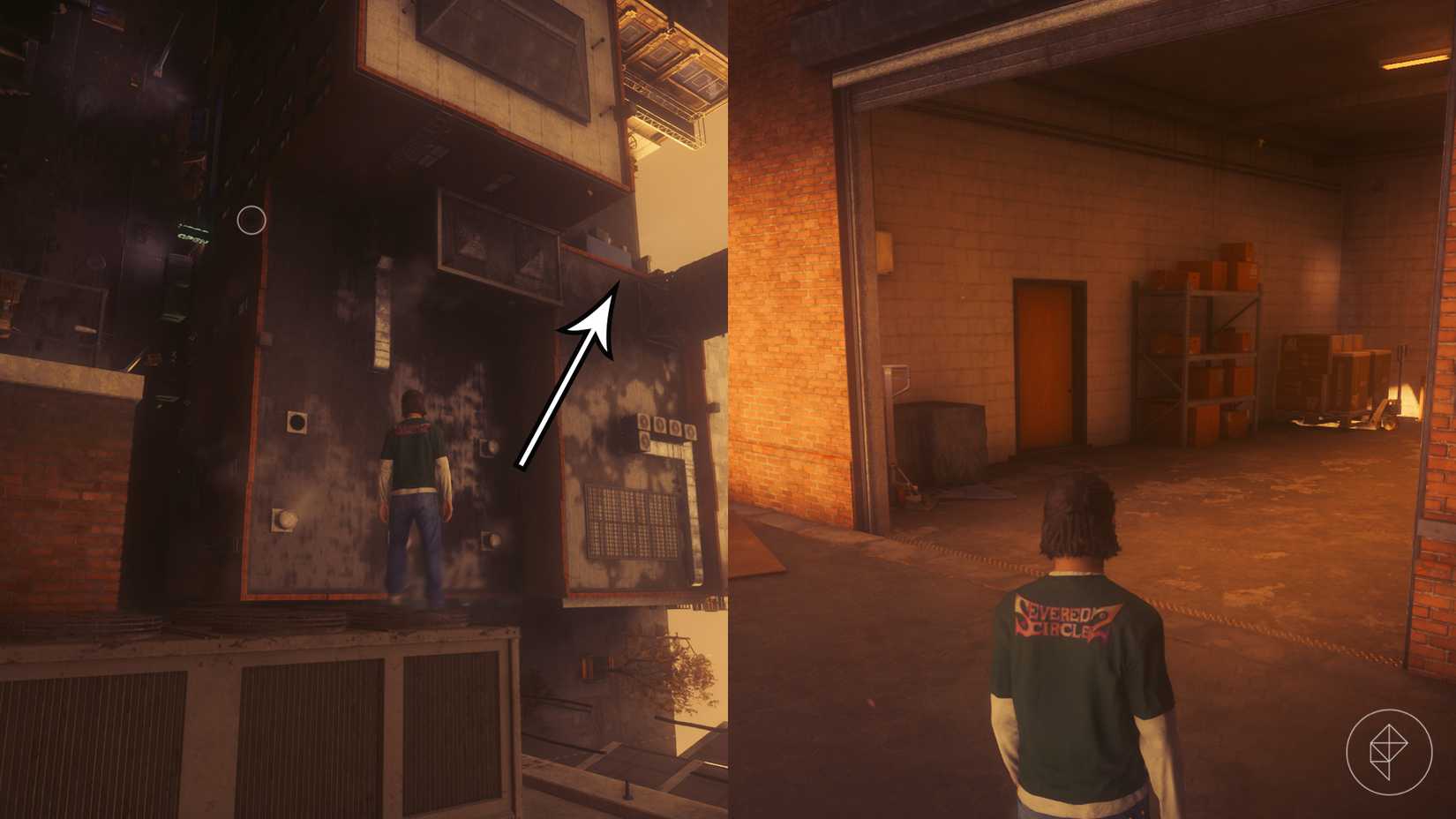 Dylan looking at sideways buildings and a door in Control Resonant.