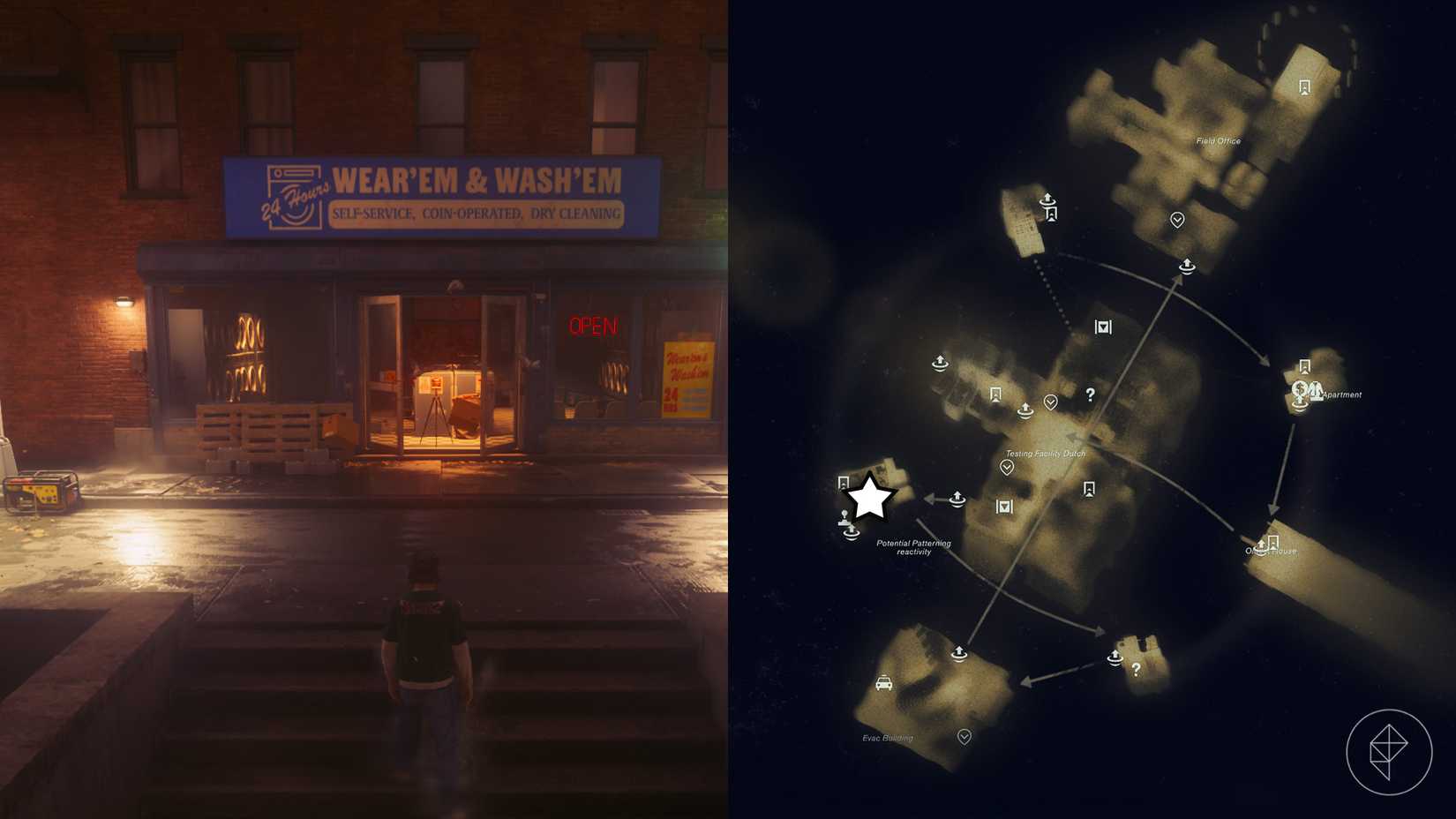Dylan standing in front of a laundromat that has a camera inside of it in Control Resonant.