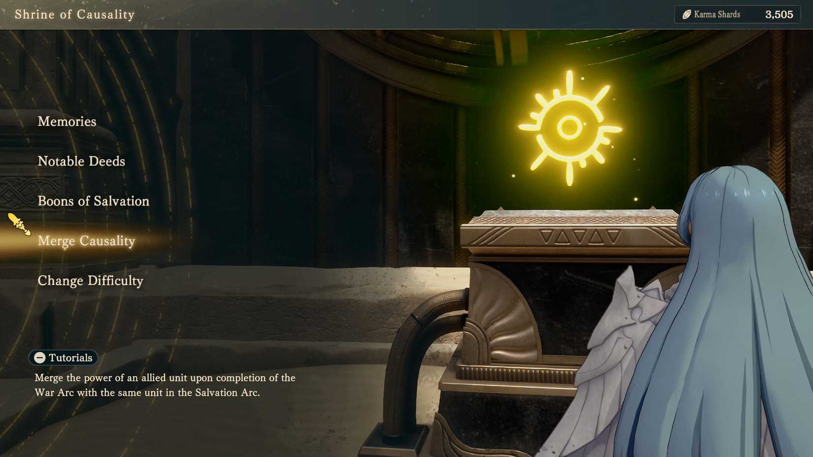 A Fire Emblem: Fortune's Weave screenshot showing the Shrine of Causality menu