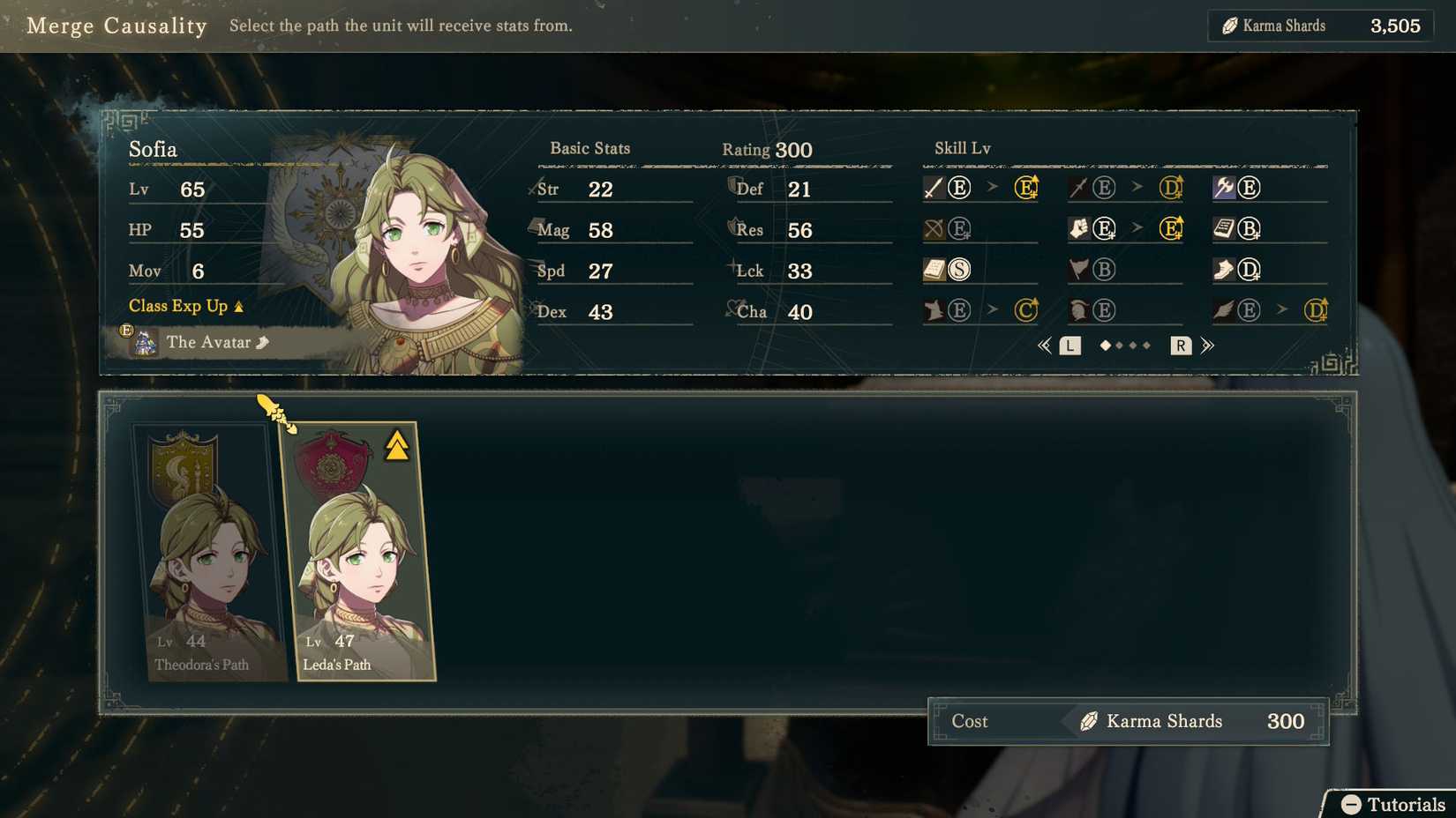 A Fire Emblem: Fortune's Weave screenshot showing Sofia in the merging screen