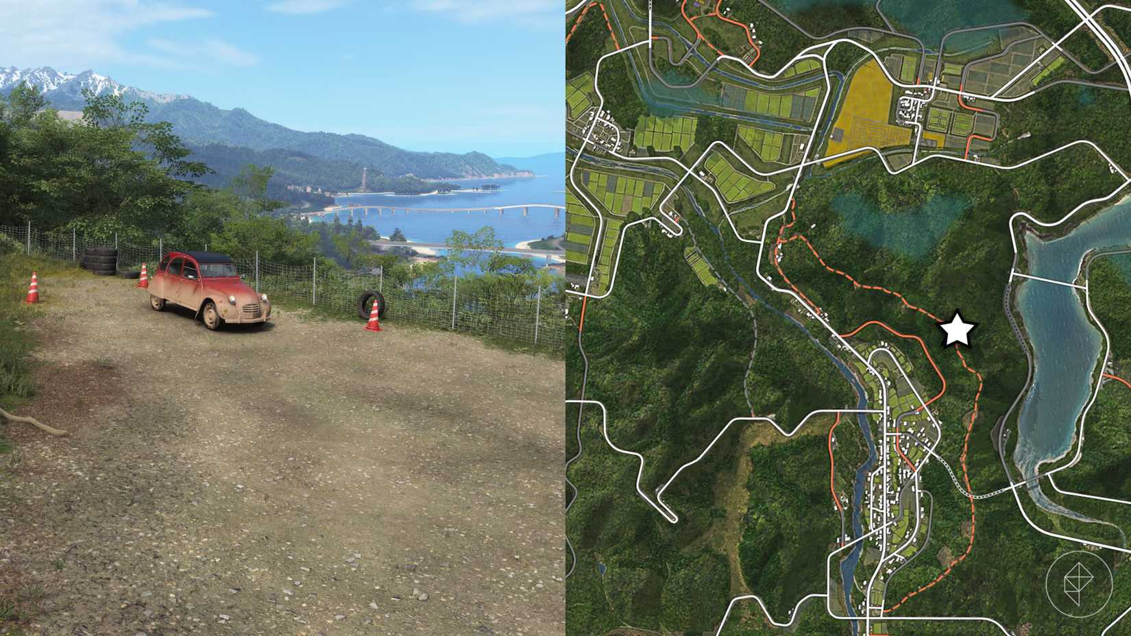 A Forza Horizon 6 montage showing the location of the 1970 Citroën 2 CV treasure car