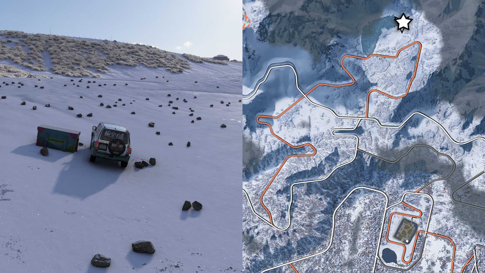 A Forza Horizon 6 montage showing where players can find the Series 6 "Horizon Meets" winter treasure hunt box