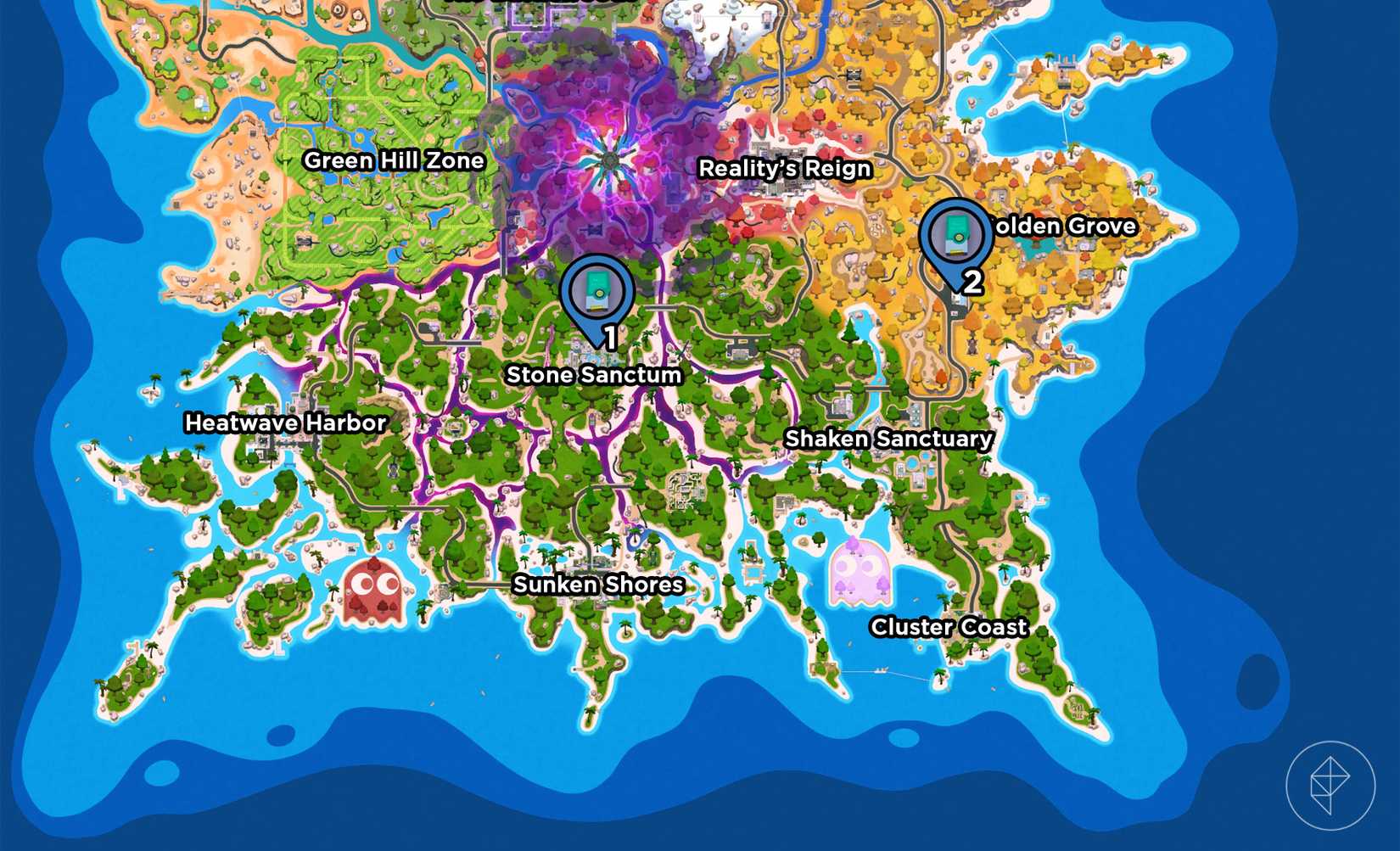 The locations of two audio logs marked on the Fortnite Chapter 7 Season 4 map.