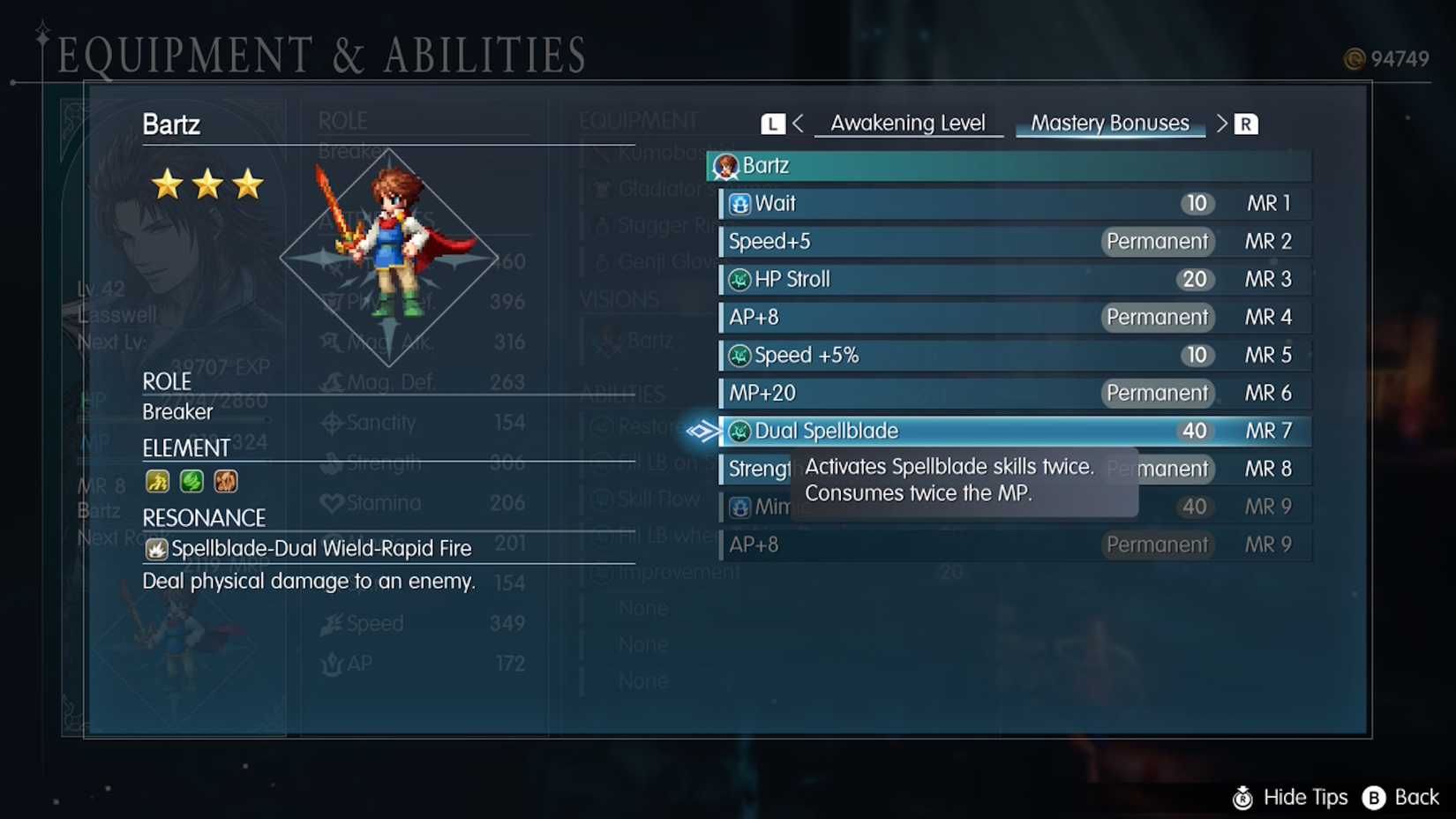 Bartz's mastery abilities in Final Fantasy Resonance