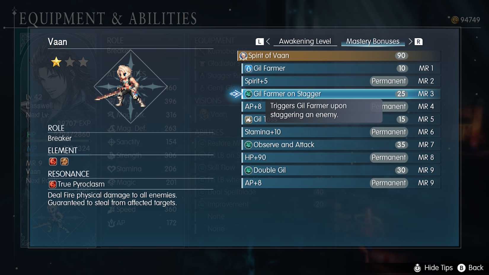 Vaan's mastery abilities in Final Fantasy Resonance