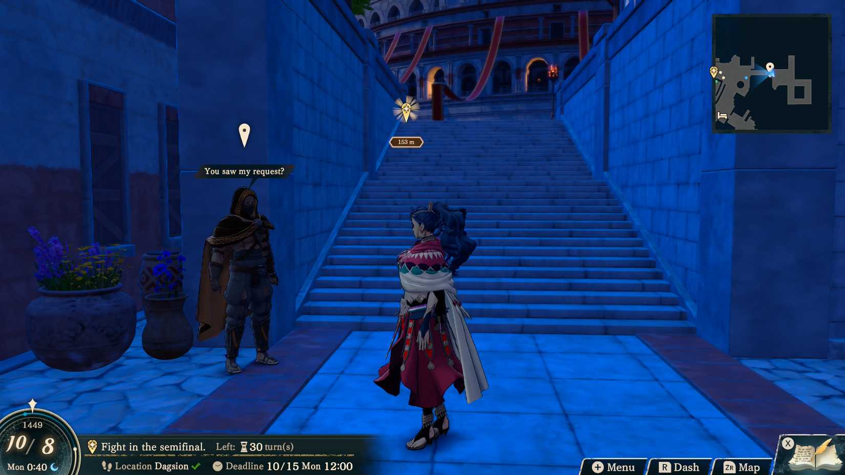 Leda speaking with the DLC weapon quest giver in Fire Emblem Fortune's Weave