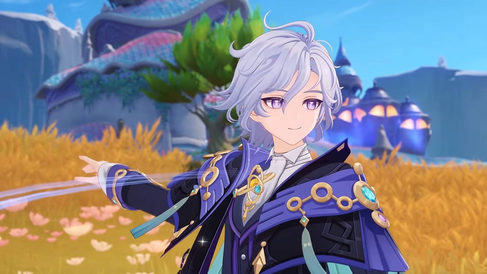 Mitya, a boy with light lavender hair, swipes his arm across the screen in Genshin Impact.