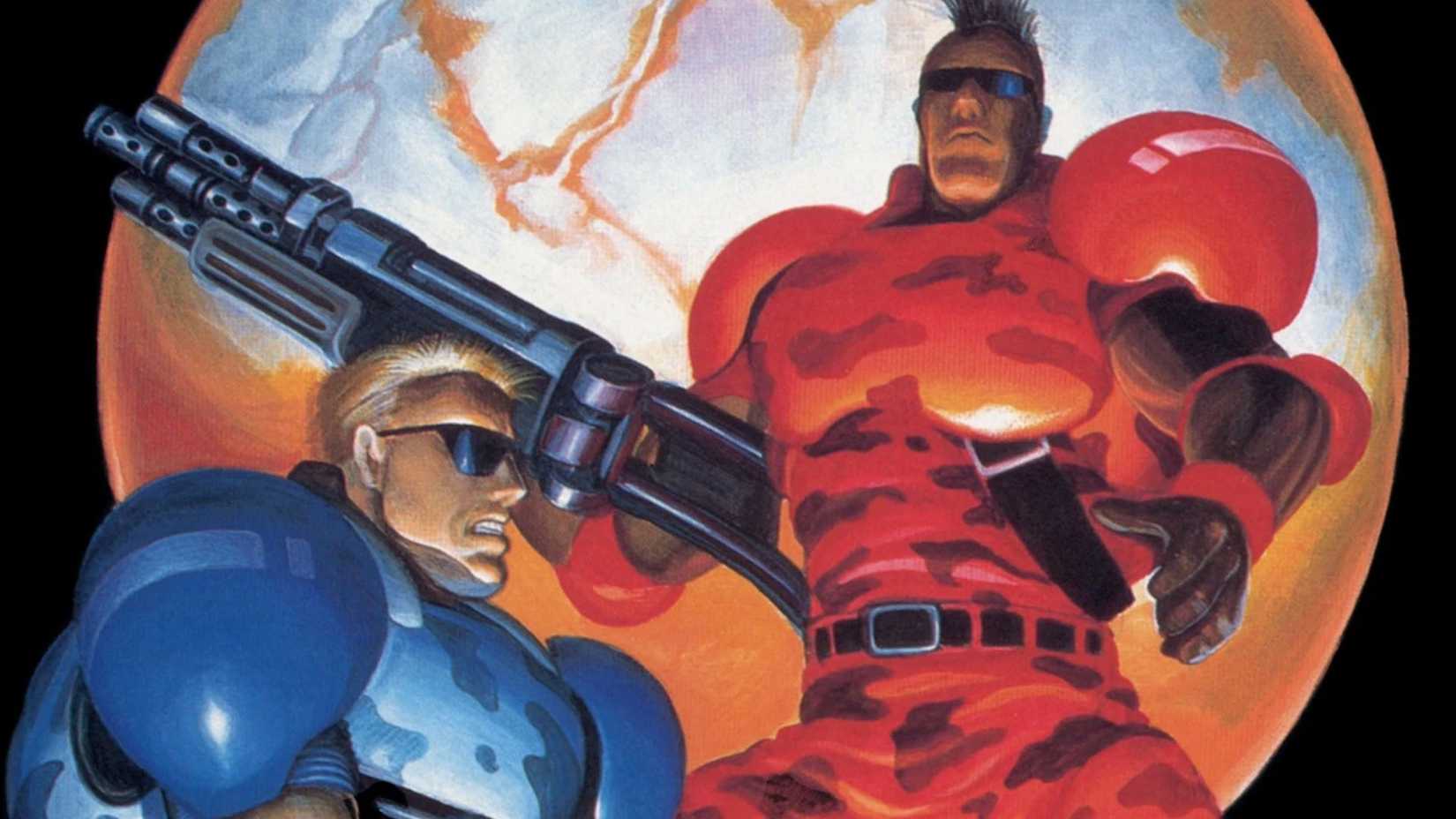 Forgotten Worlds cropped cover art shows tough guys, one in red armor and one in blue. looking menacing