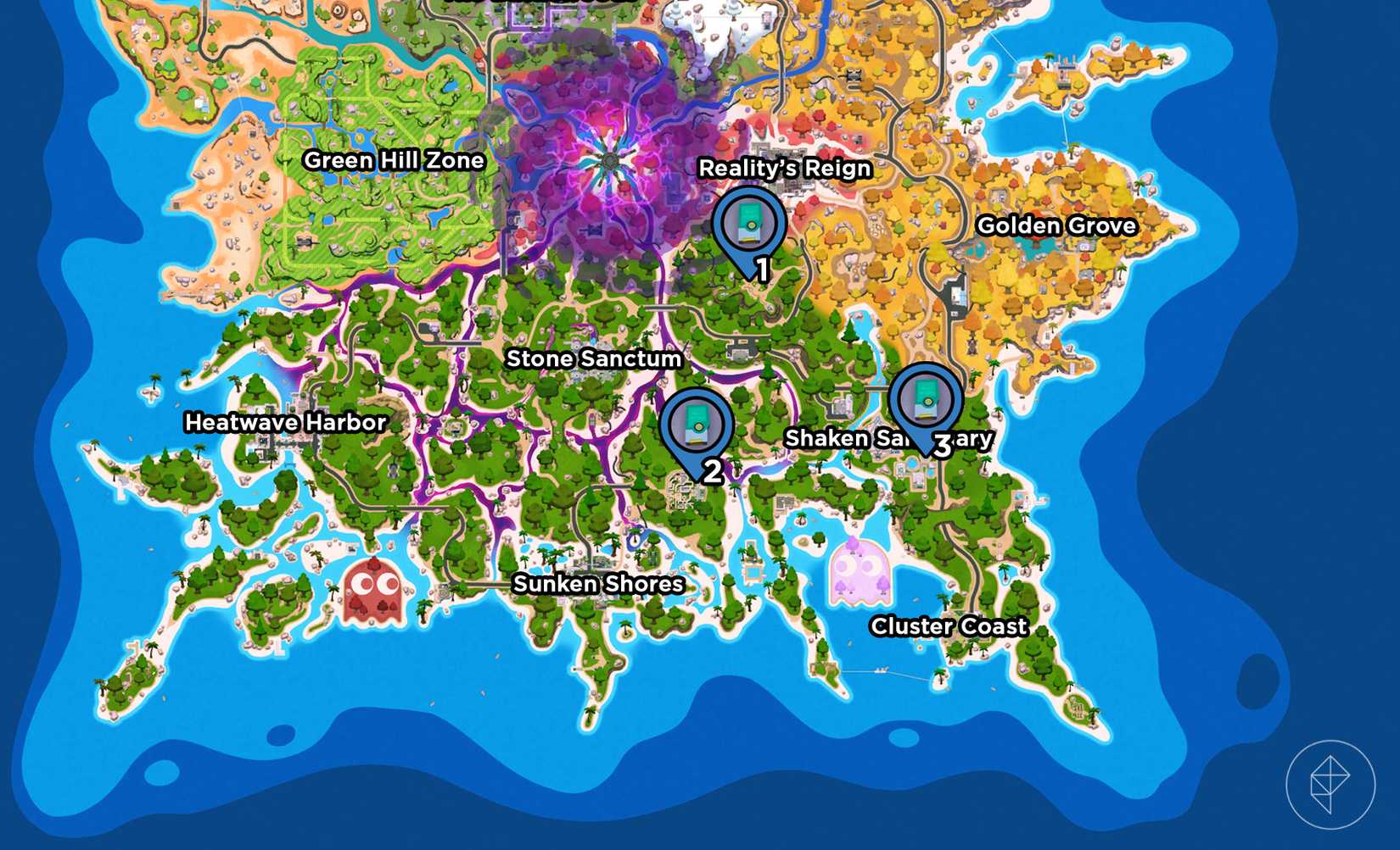 The location of audio logs from a Fortnite story quest marked on the map.