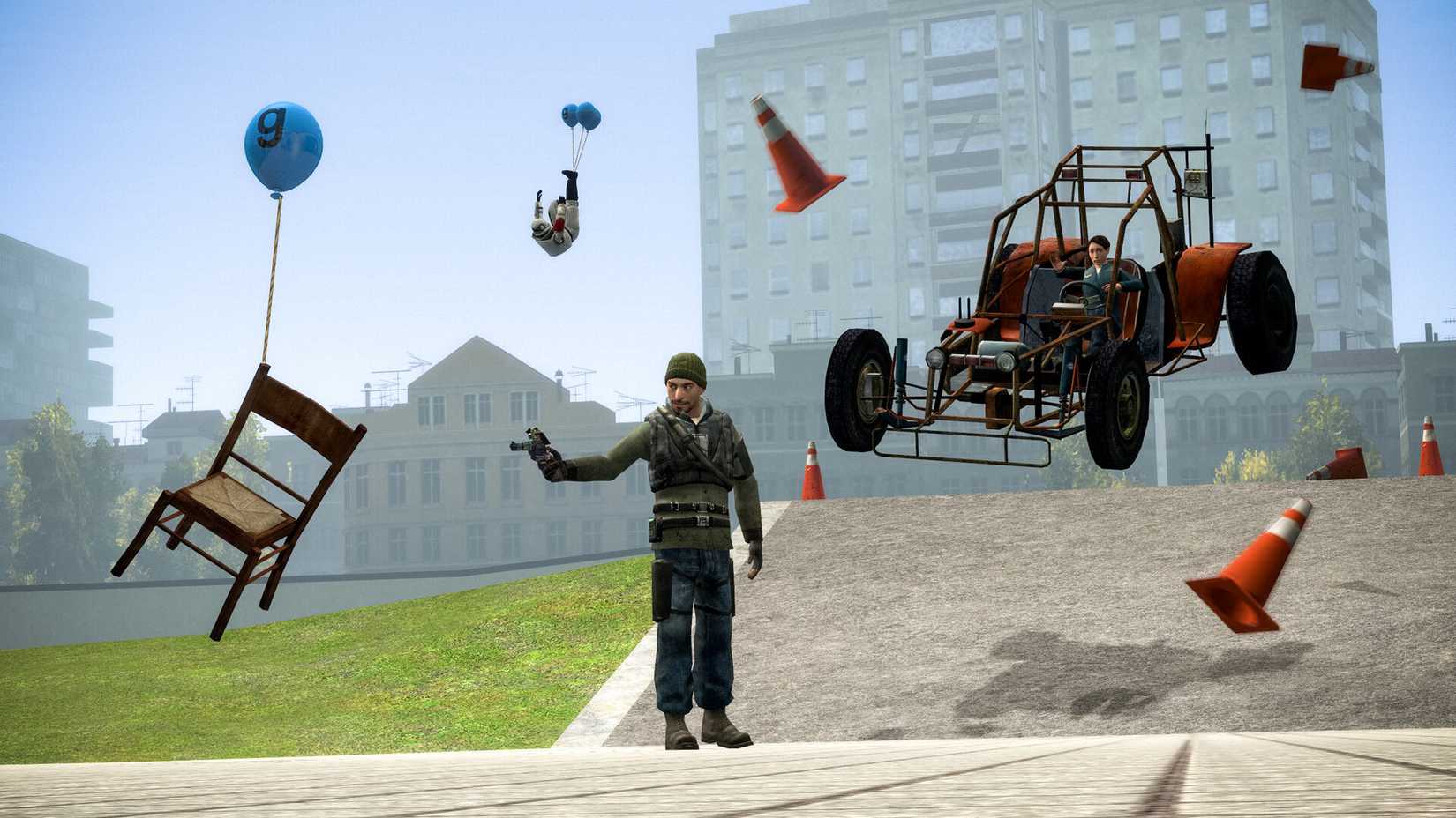 Man and multiple items tied to balloons in Garry's Mod