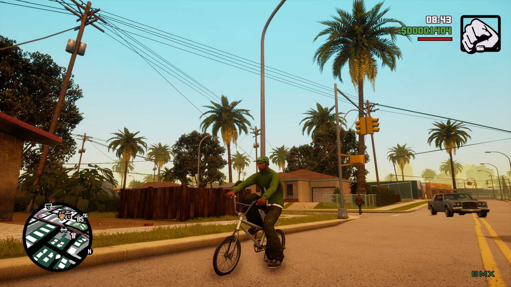 A GTA San Andreas screenshot showing CJ on a bike