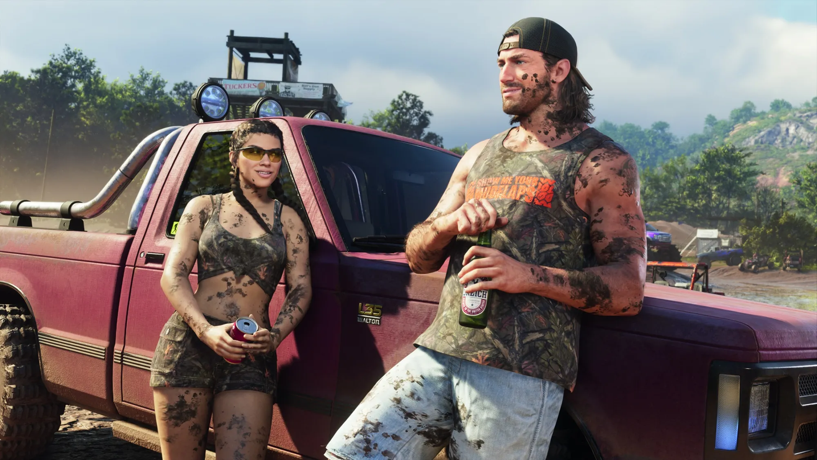 Jason and Lucia from GTA 6 are depicted holding beers while covered in mud.
