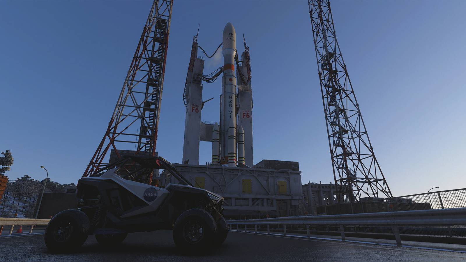 A Polaris car in front of a space rocket in Forza Horizon 6
