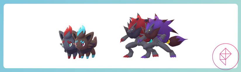 Zorua and Zoroark with their shiny versions. Shiny Zorua is more brown with blue accents, and Zoroark gains purple accents.