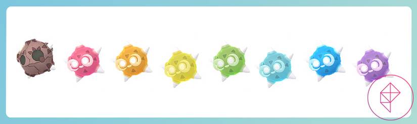 Minior and its various colored cores in Pokémon Go