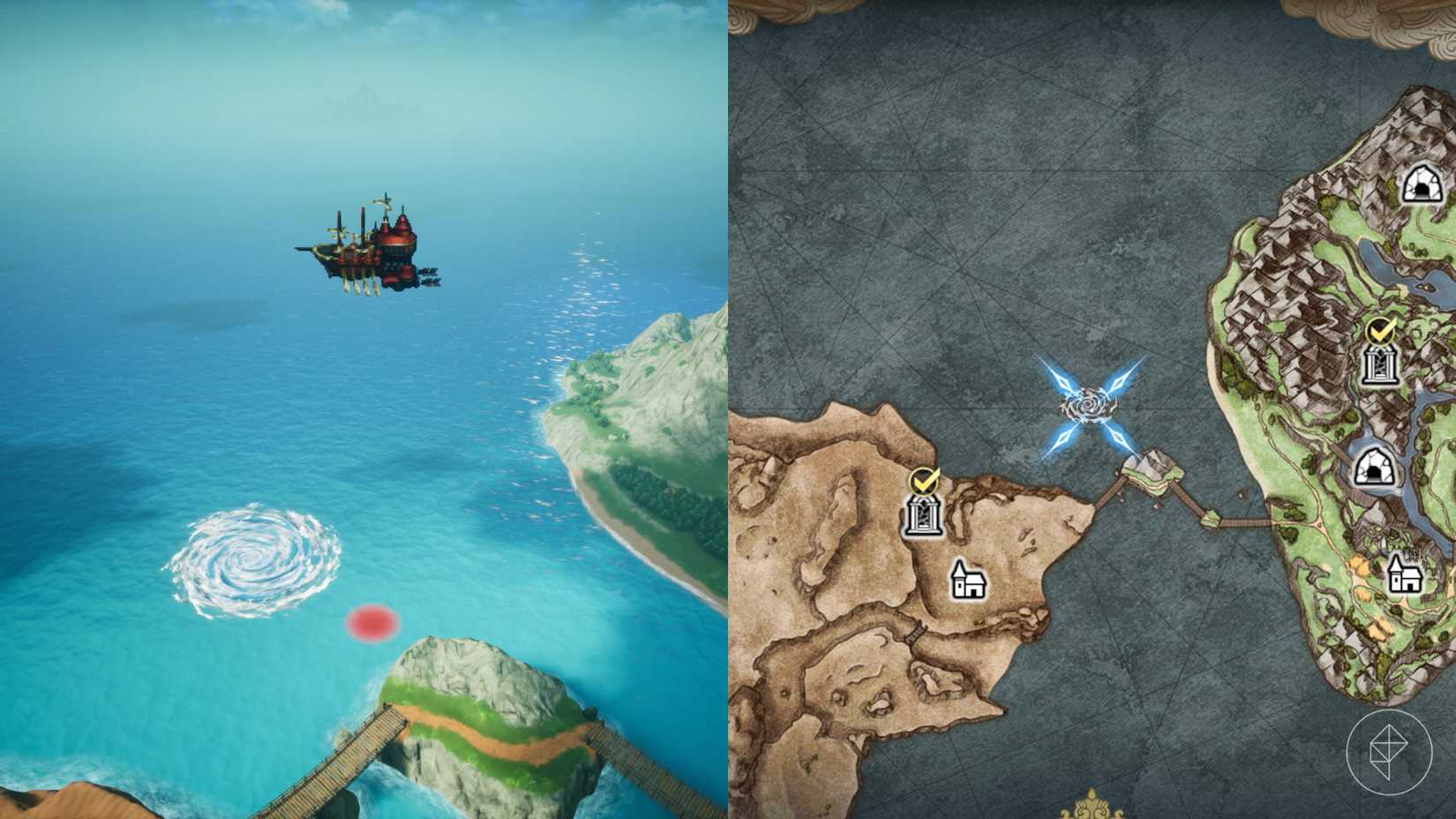 An airship approaches a whirlpool in the ocean in Final Fantasy Resonance